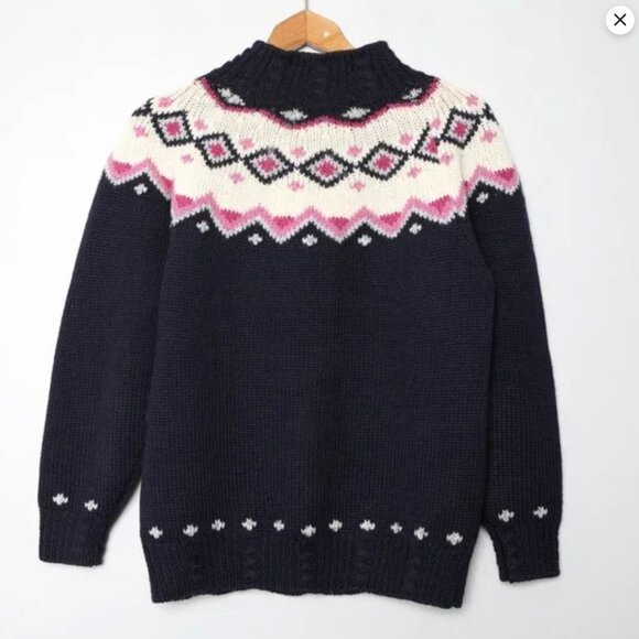 Vintage St Michael Fair Isle Wool Blend Sweater Pullover Navy Blue White Pink - Picture 4 of 13